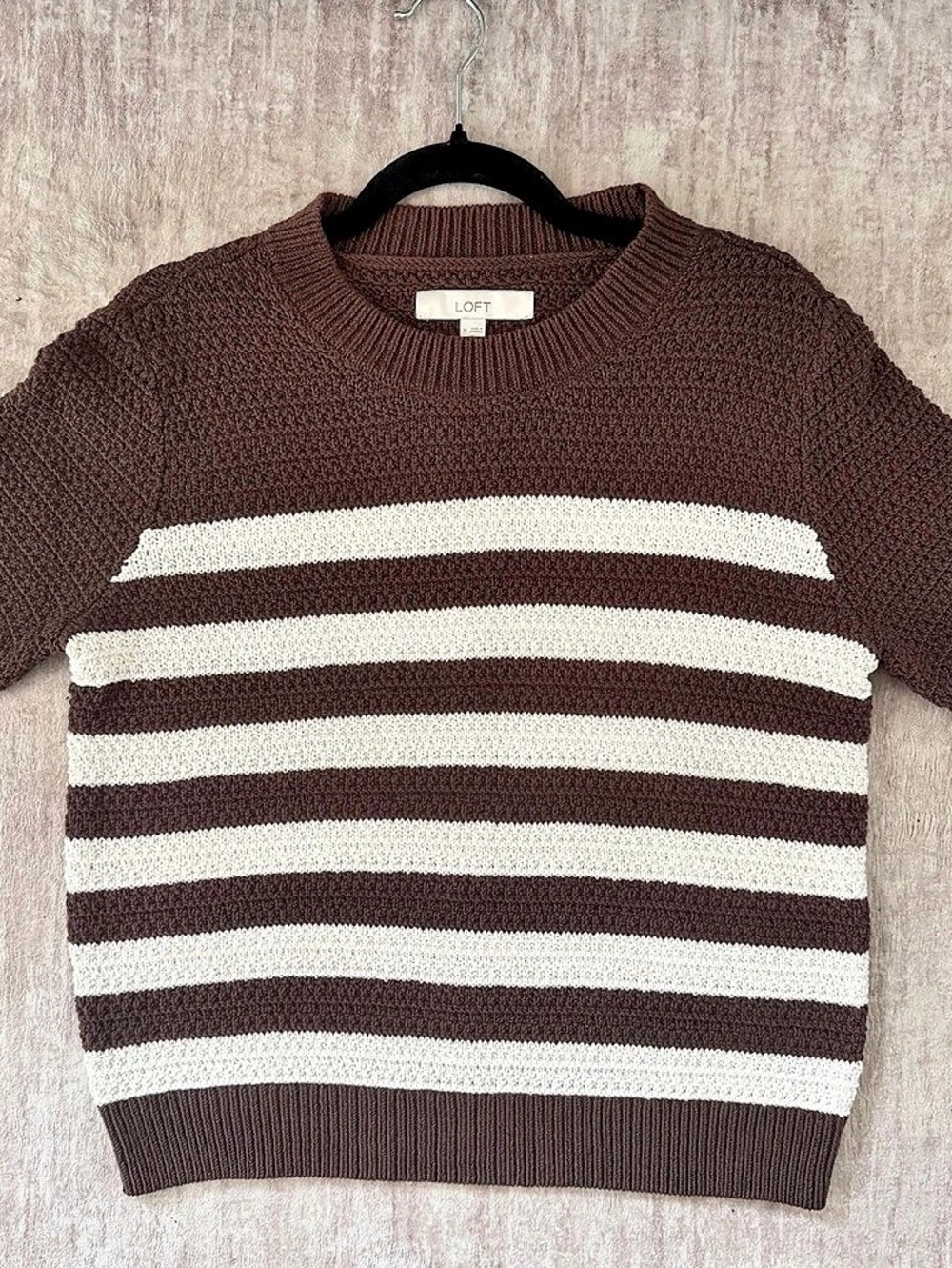 LOFT Brown & Cream Striped Knit Short Sleeve Sweater